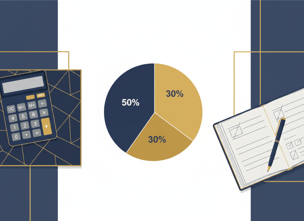 Professional illustration of personal budget planning: pie chart divided into three sections, calculator, notebook, clean minimalist financial style, dark blue and gold colors, no text