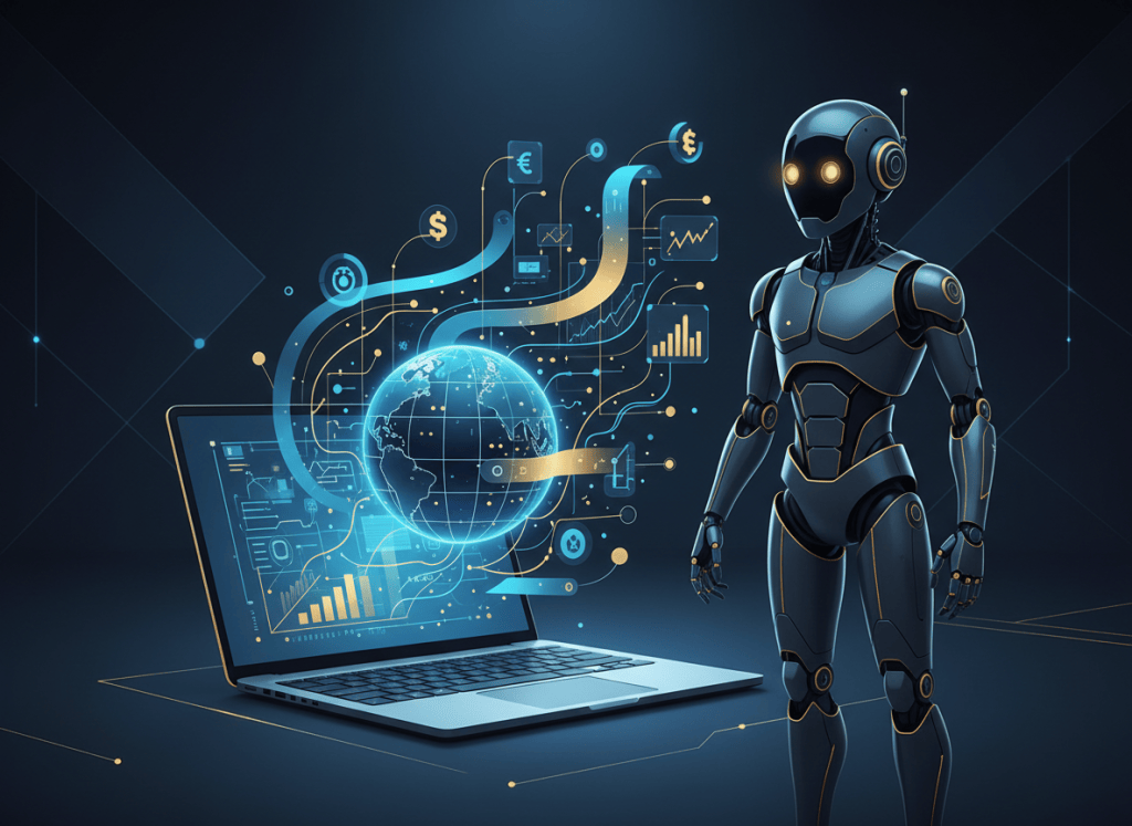 Professional illustration of AI tools for earning money online: robot assistant, laptop, digital streams, futuristic clean style, dark blue and gold colors, no text