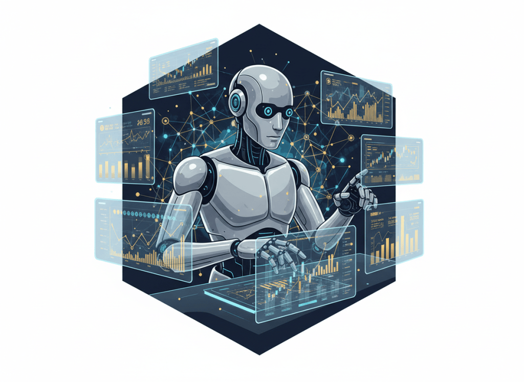 Professional illustration of AI agents in finance: futuristic robot analyzing stock charts and financial data on multiple screens, digital neural network, dark blue and gold color scheme, clean minimalist style, no text