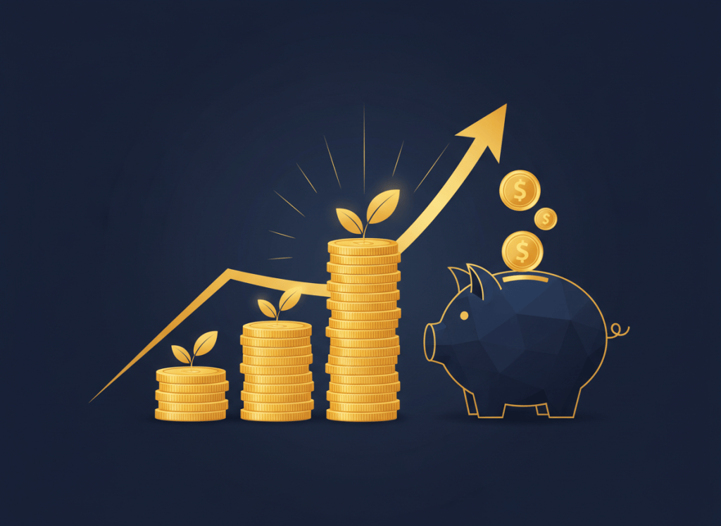 Professional financial blog illustration showing passive income concept: coins growing, upward graph, piggy bank, clean minimalist style, dark blue and gold colors, no text